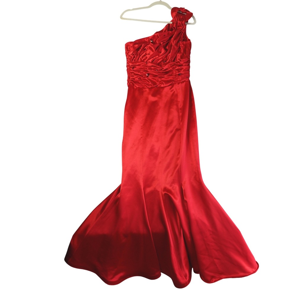 Red One Shoulder Gown Womens S Satin Rhinestone‎ Mermaid Dance Salsa Tango Dress